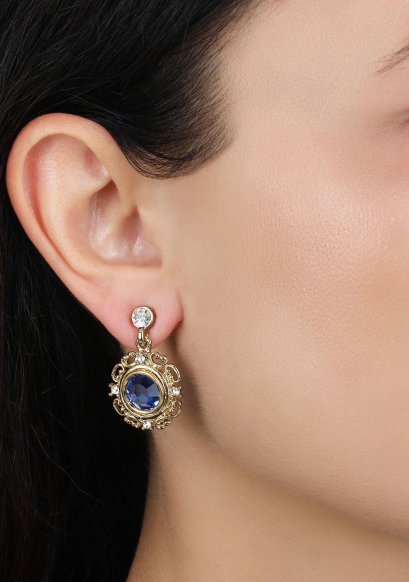 Gold Tone Blue Round Drop Earrings
