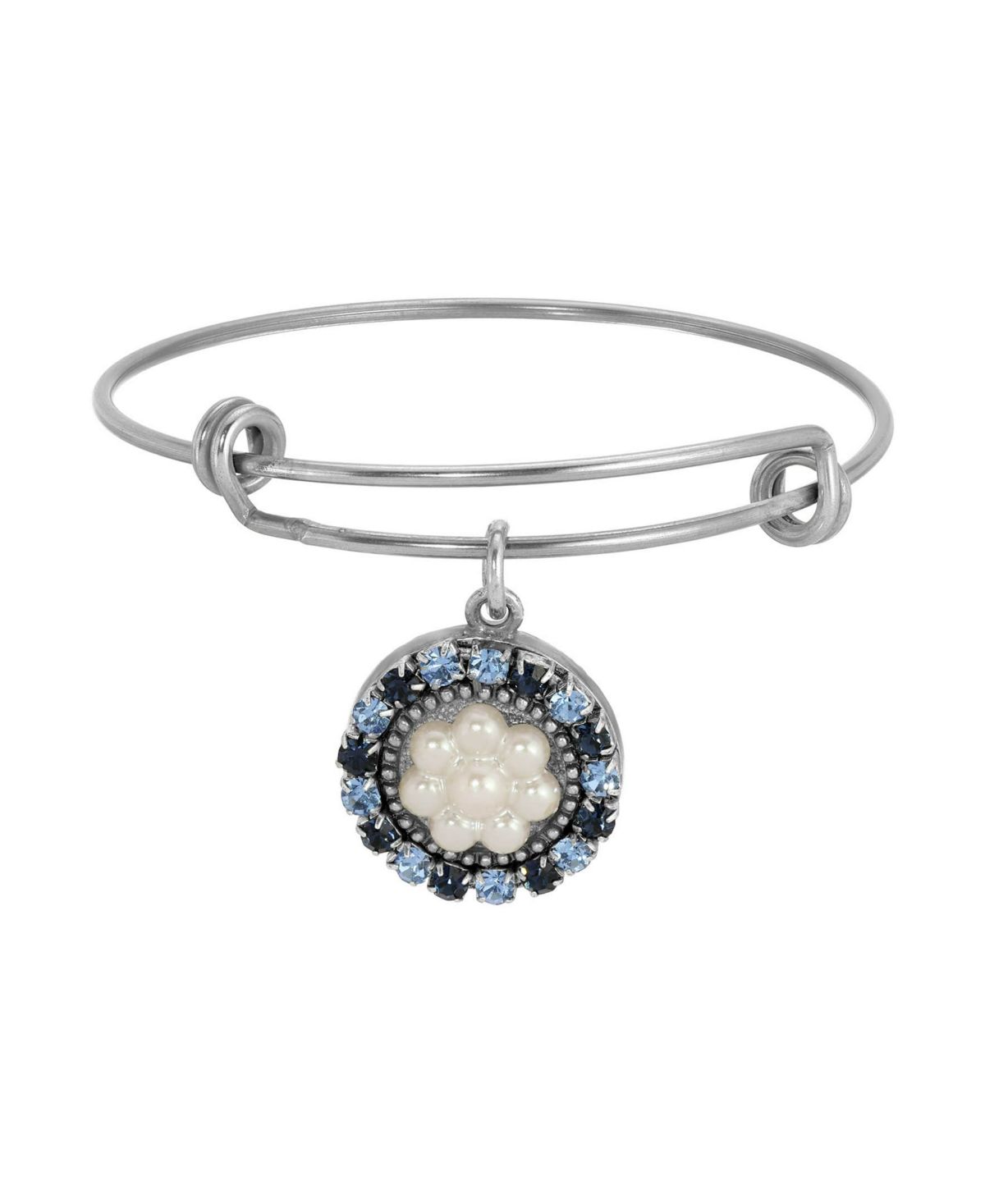 Silver Tone Round Blue Crystal Faux Pearl Drop Bracelet