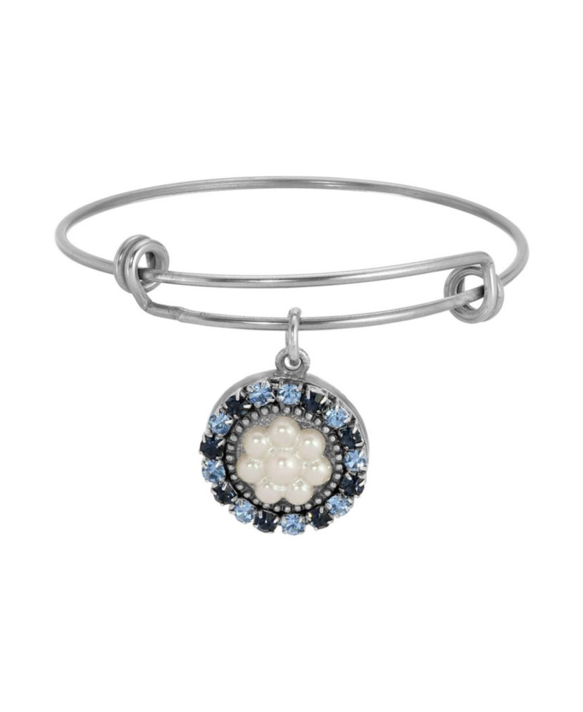 Silver Tone Round Blue Crystal Faux Pearl Drop Bracelet