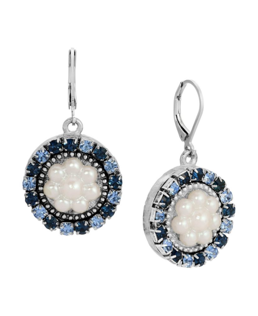 Silver Tone Round Blue Crystal Faux Pearl Drop Earrings
