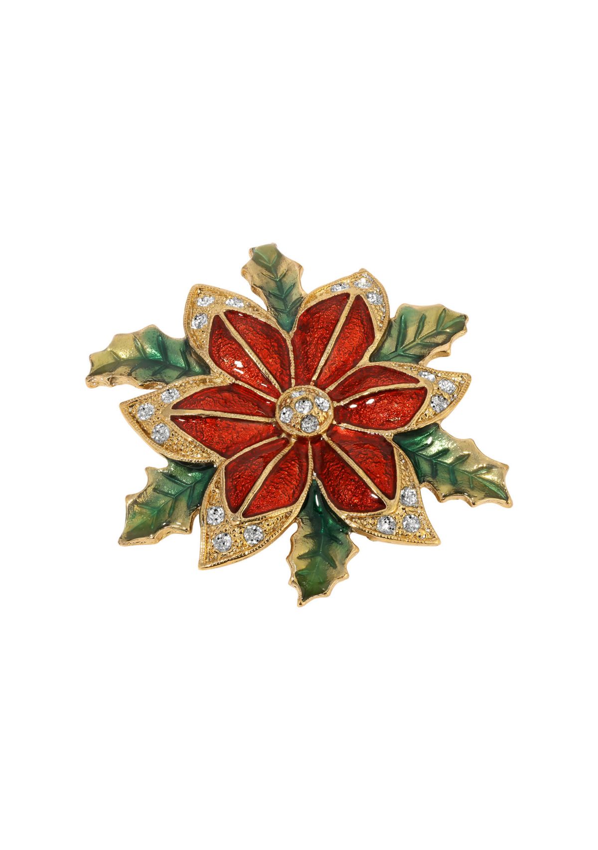 Gold Tone Red & Green Enamel Poinsettia Brooch
