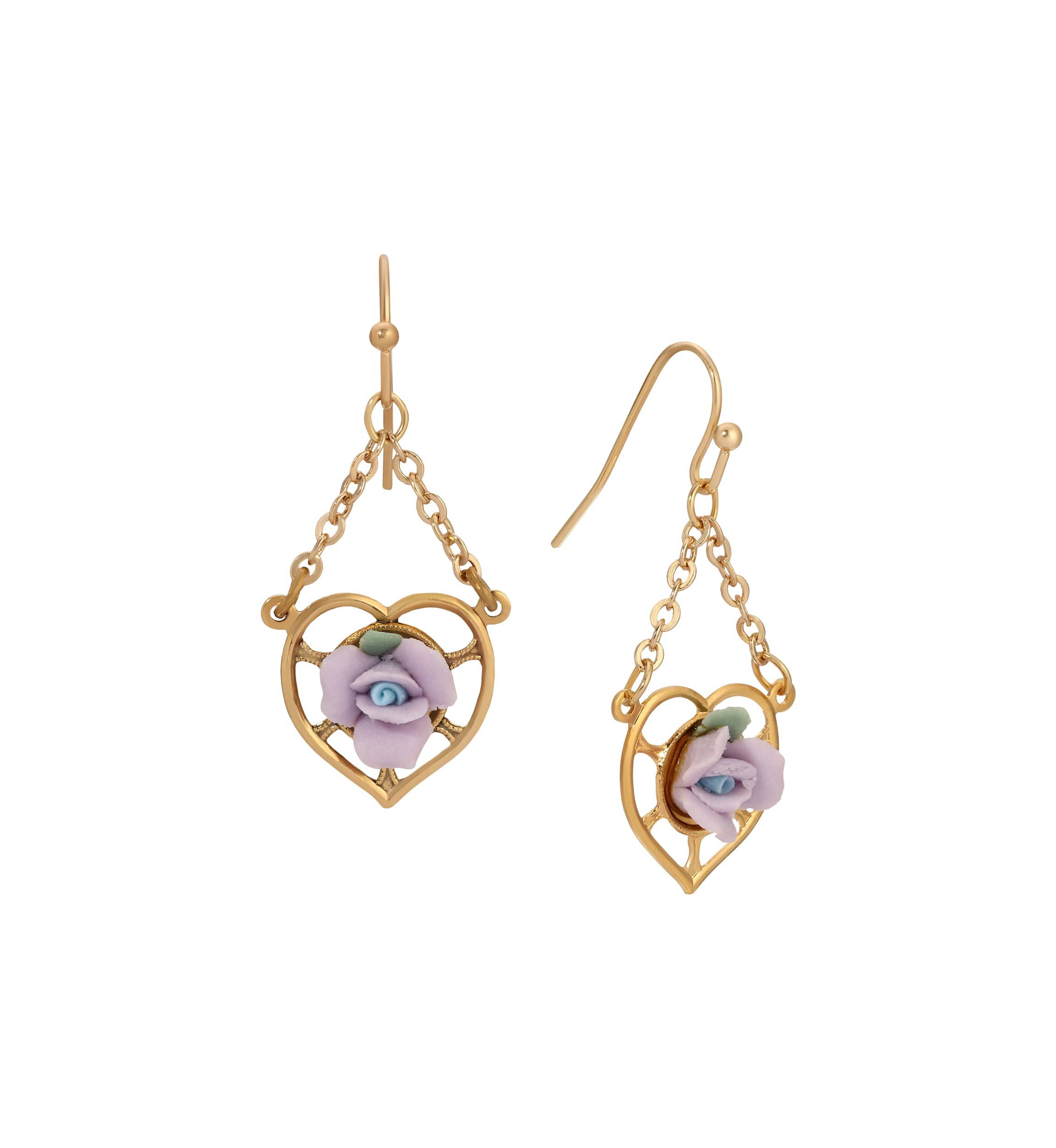 Gold Tone Heart Porcelain Rose Earrings