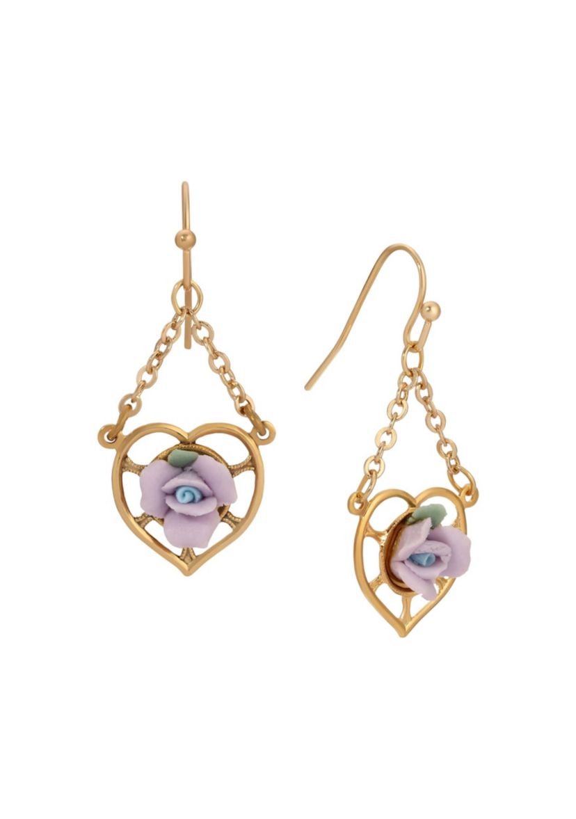 Gold Tone Heart Porcelain Rose Earrings