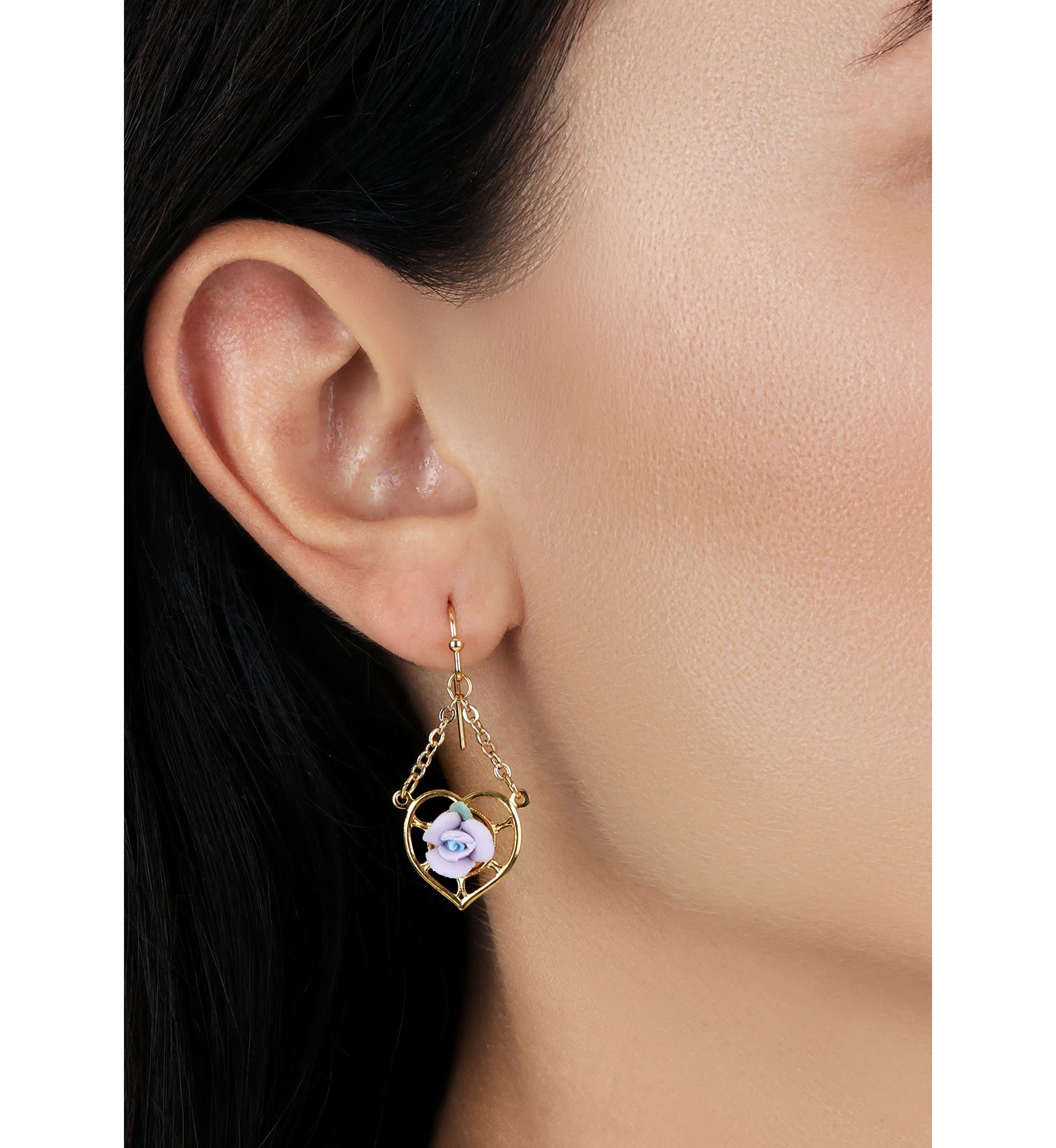 Gold Tone Heart Porcelain Rose Earrings