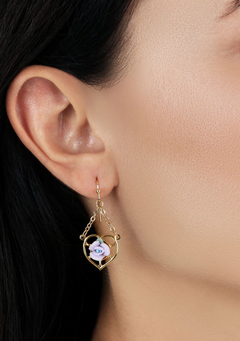 Gold Tone Heart Porcelain Rose Earrings