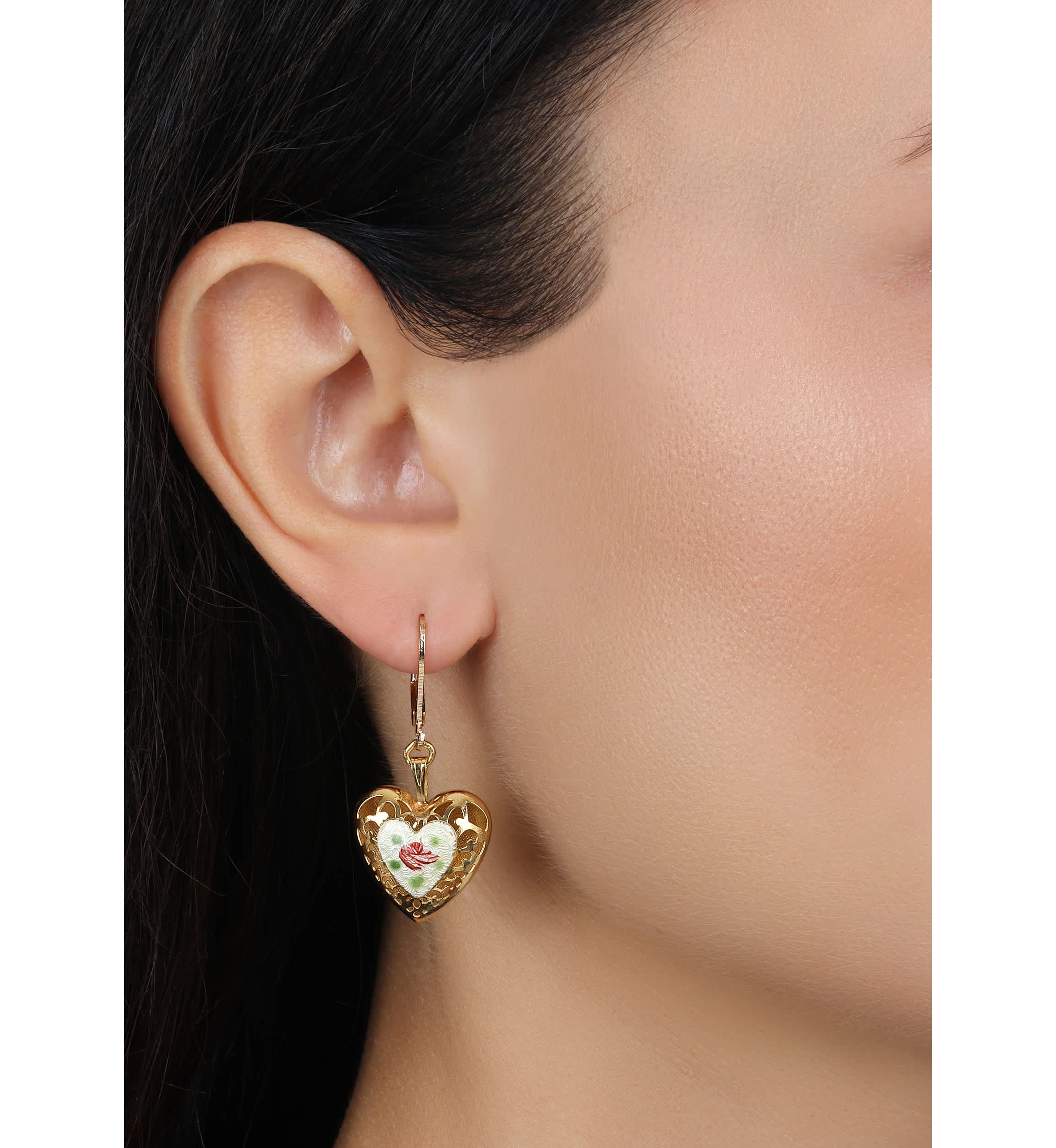 Heart Floral Enamel Leverback Earrings