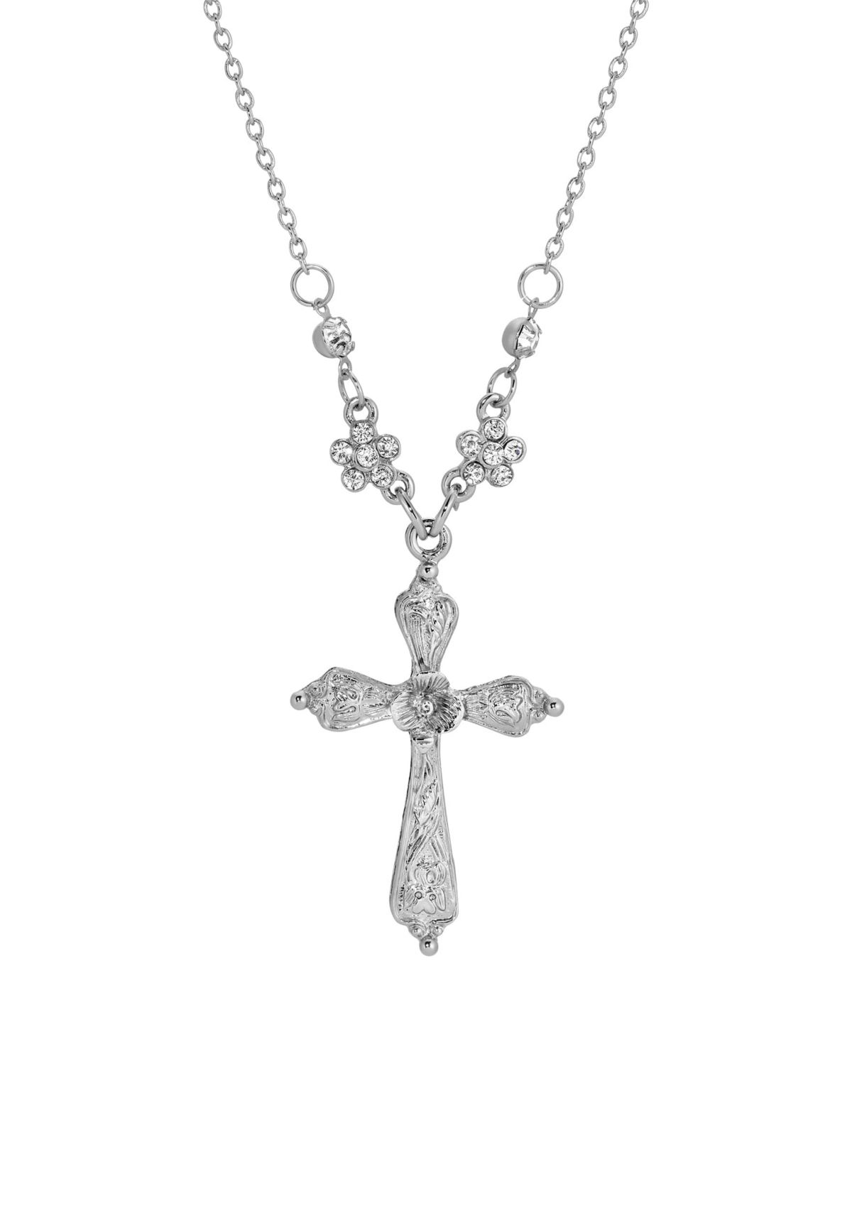 Silver Tone Cross Crystal Necklace 16"Ad