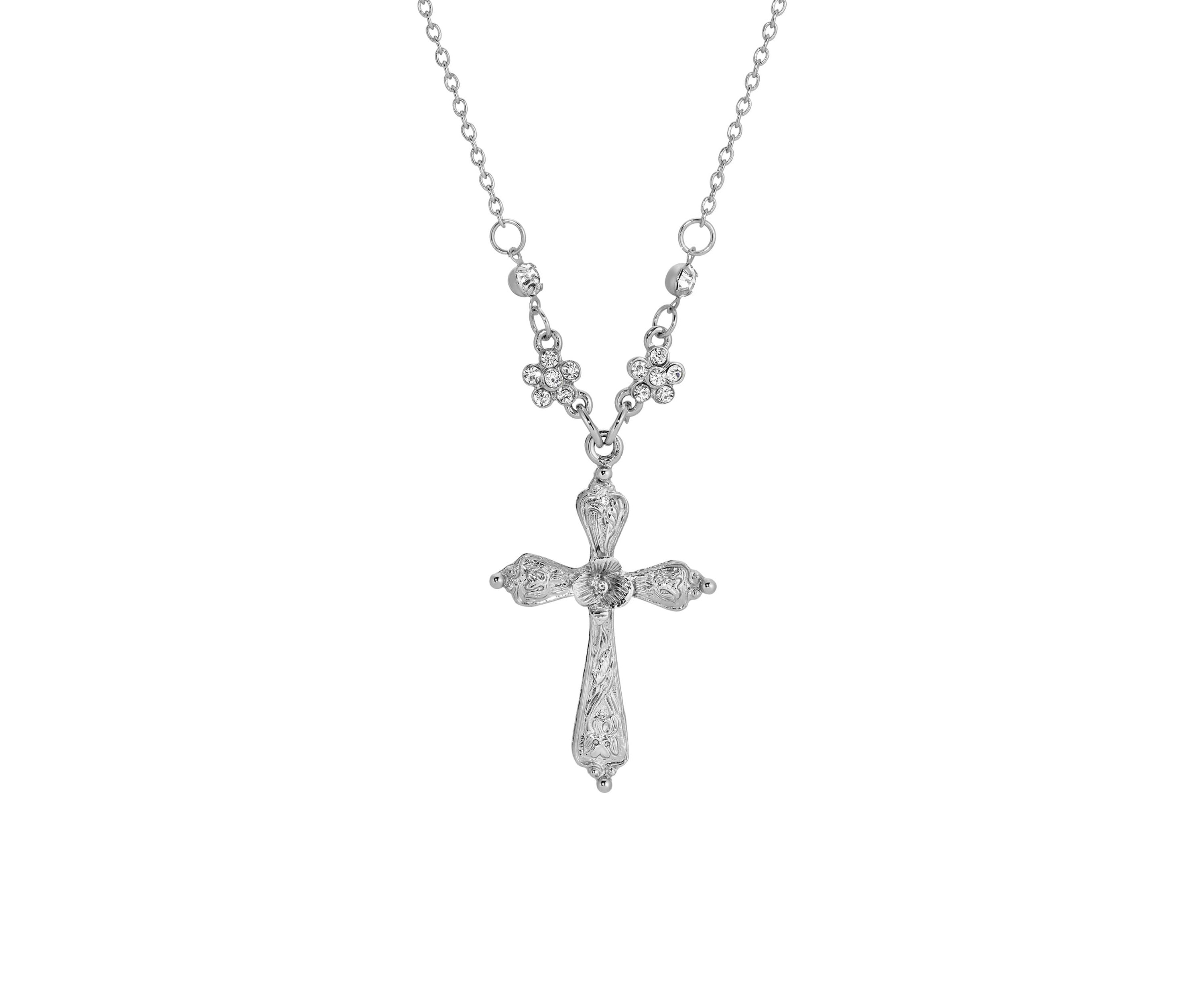 Silver Tone Cross Crystal Necklace 16"Ad