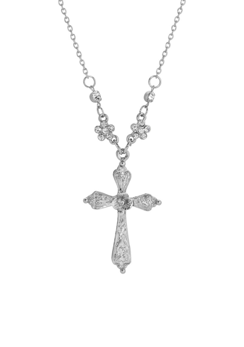 Silver Tone Cross Crystal Necklace 16"Ad