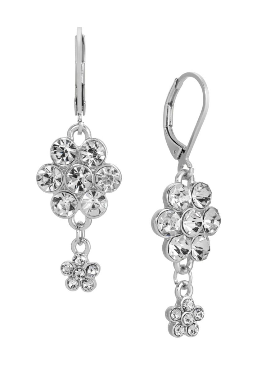 Silver Tone Crystal Flower Cluster Leverback Earrings