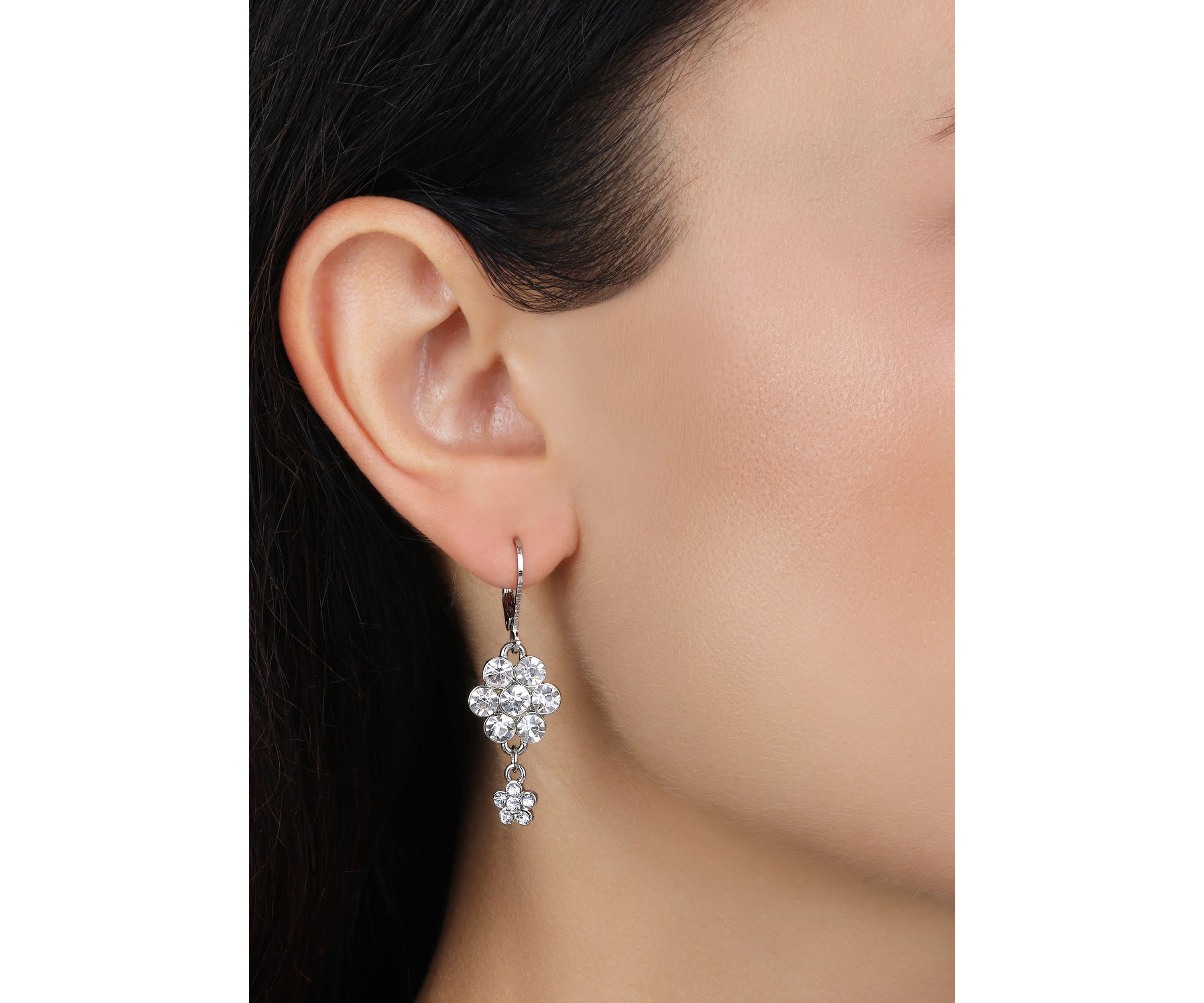 Silver Tone Crystal Flower Cluster Leverback Earrings