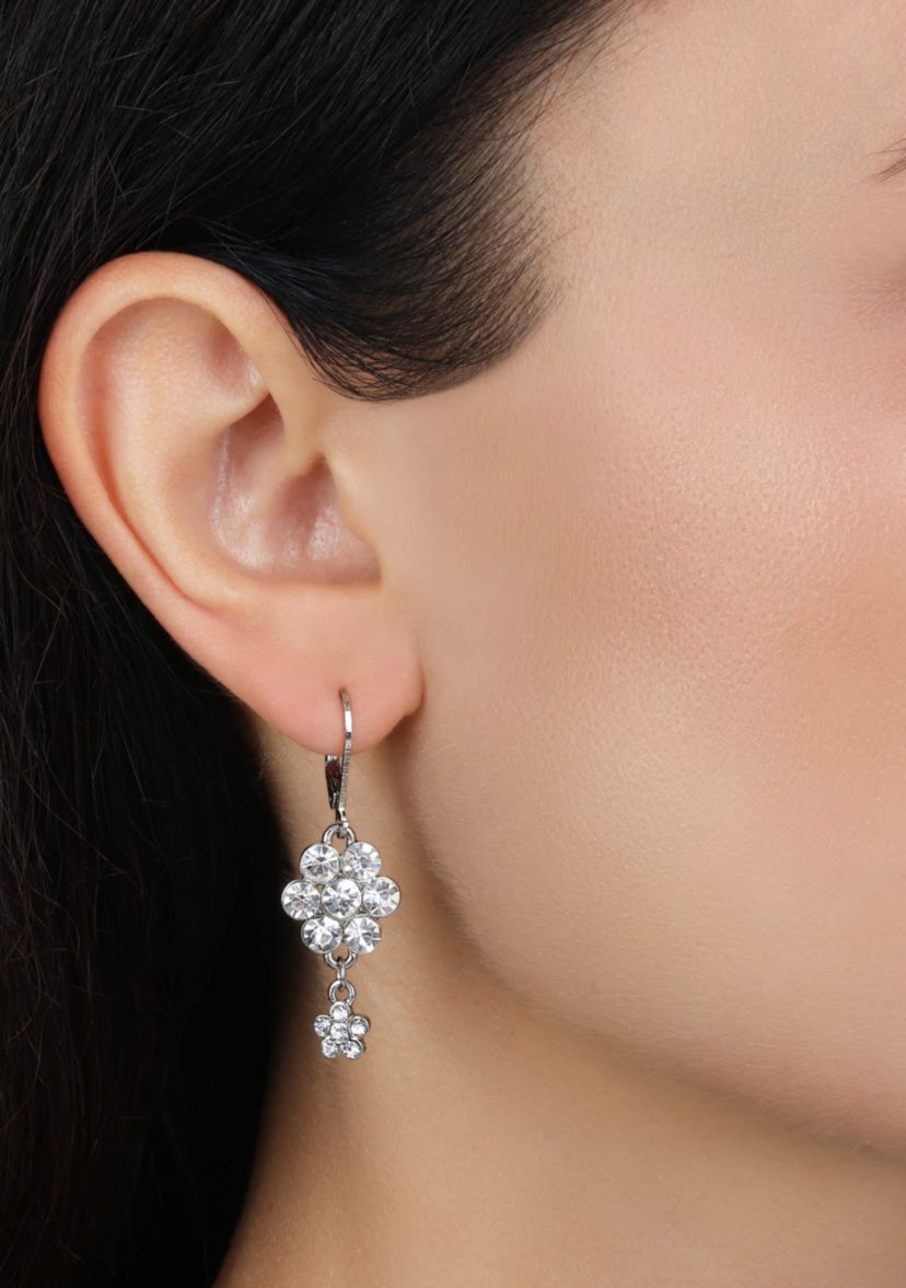 Silver Tone Crystal Flower Cluster Leverback Earrings