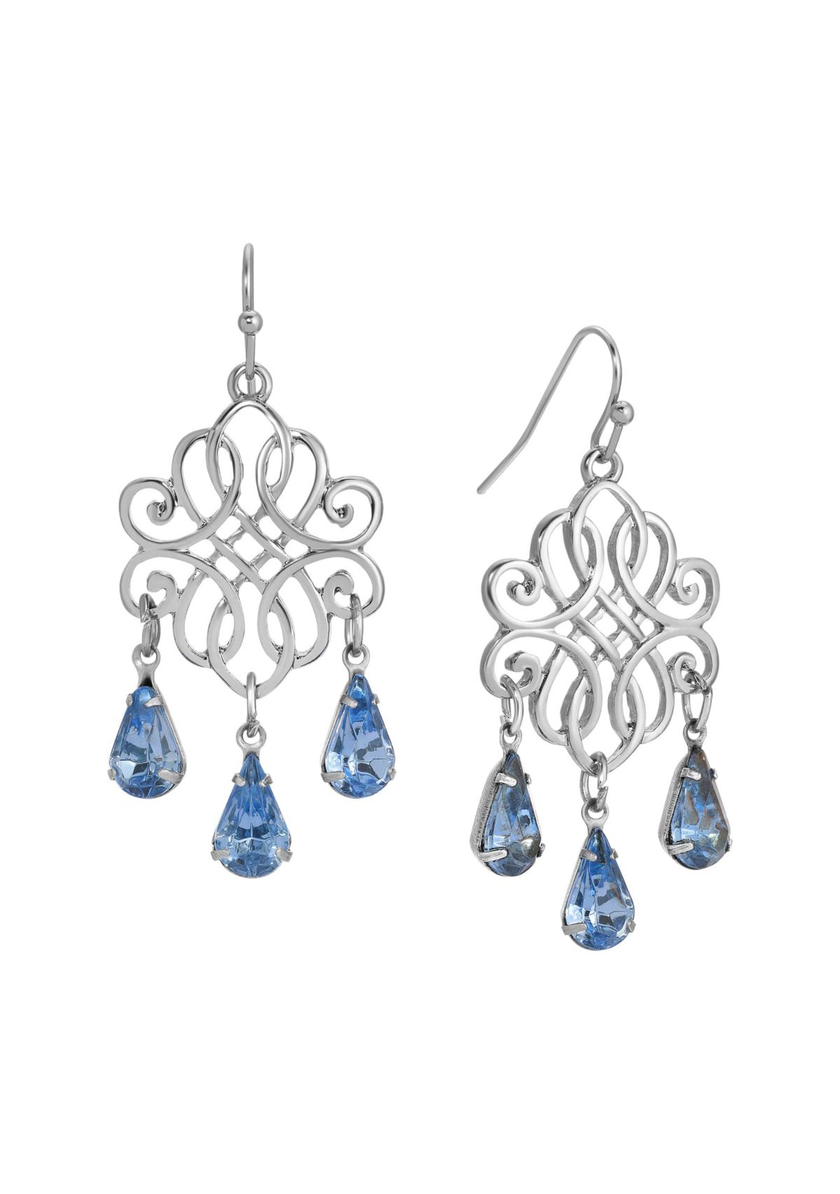 Silver Tone Filigree Sapphire Crystals Drop Wire Earrings