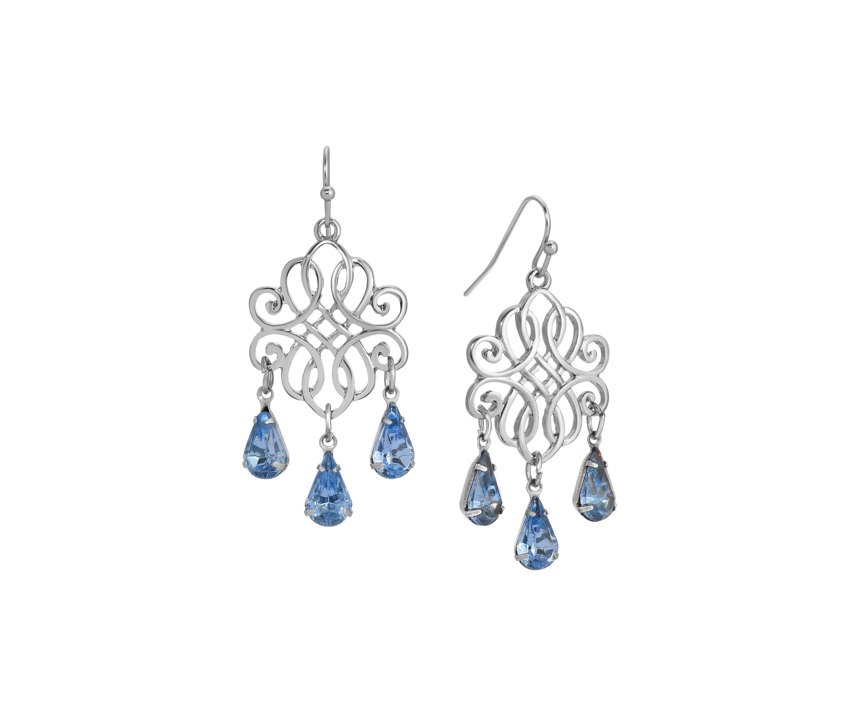 Silver Tone Filigree Sapphire Crystals Drop Wire Earrings