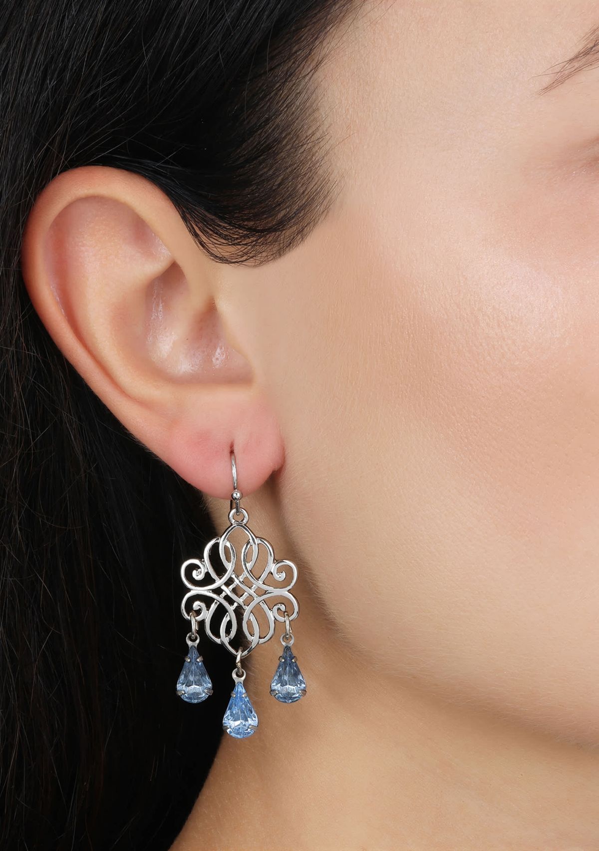 Silver Tone Filigree Sapphire Crystals Drop Wire Earrings