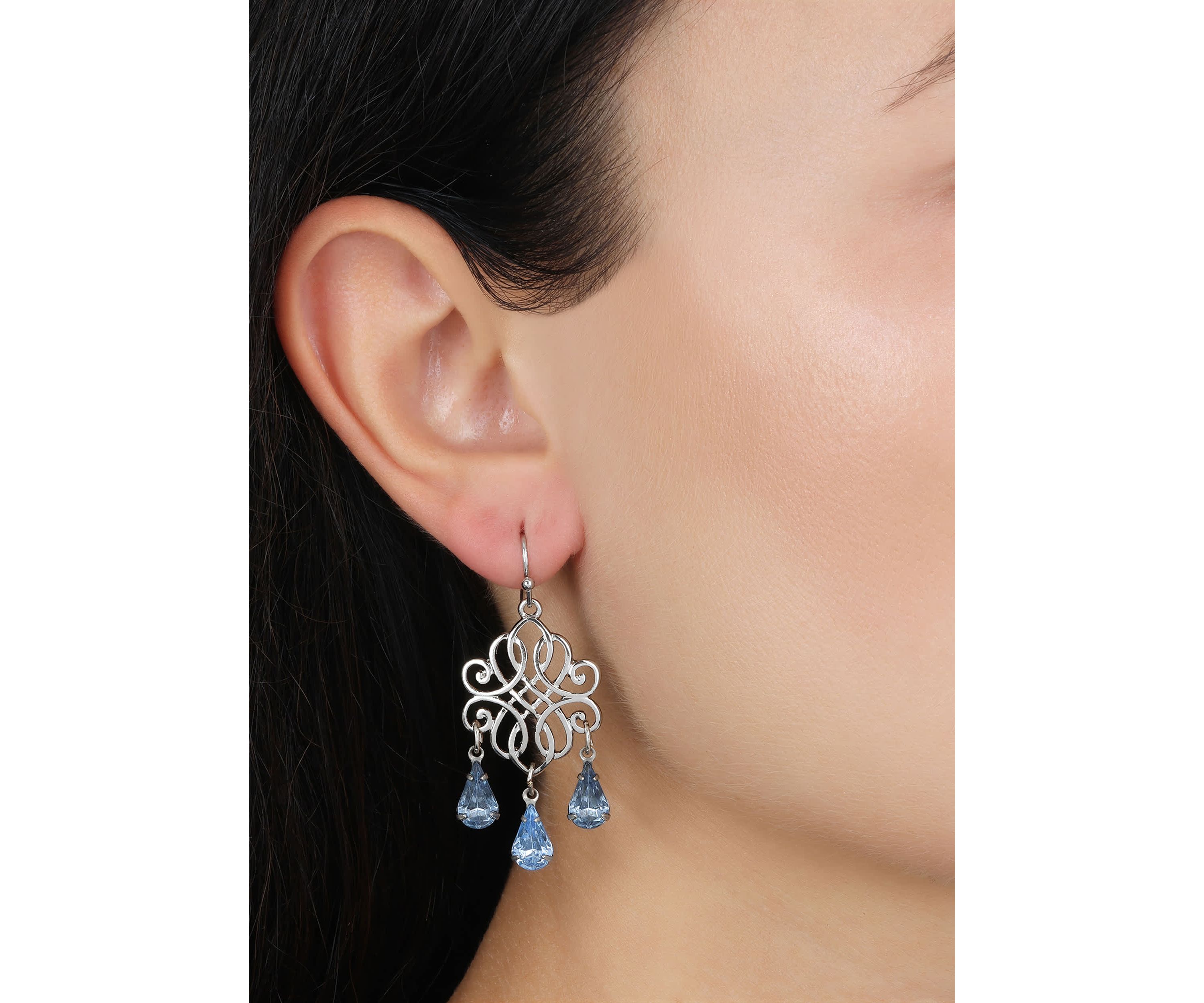 Silver Tone Filigree Sapphire Crystals Drop Wire Earrings