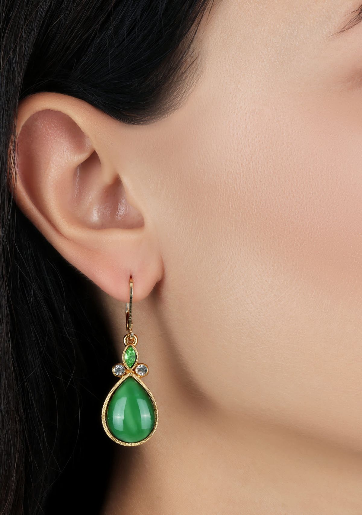 Gold Tone Peridot Teardrop & Clear Crystals Leverback Earrings