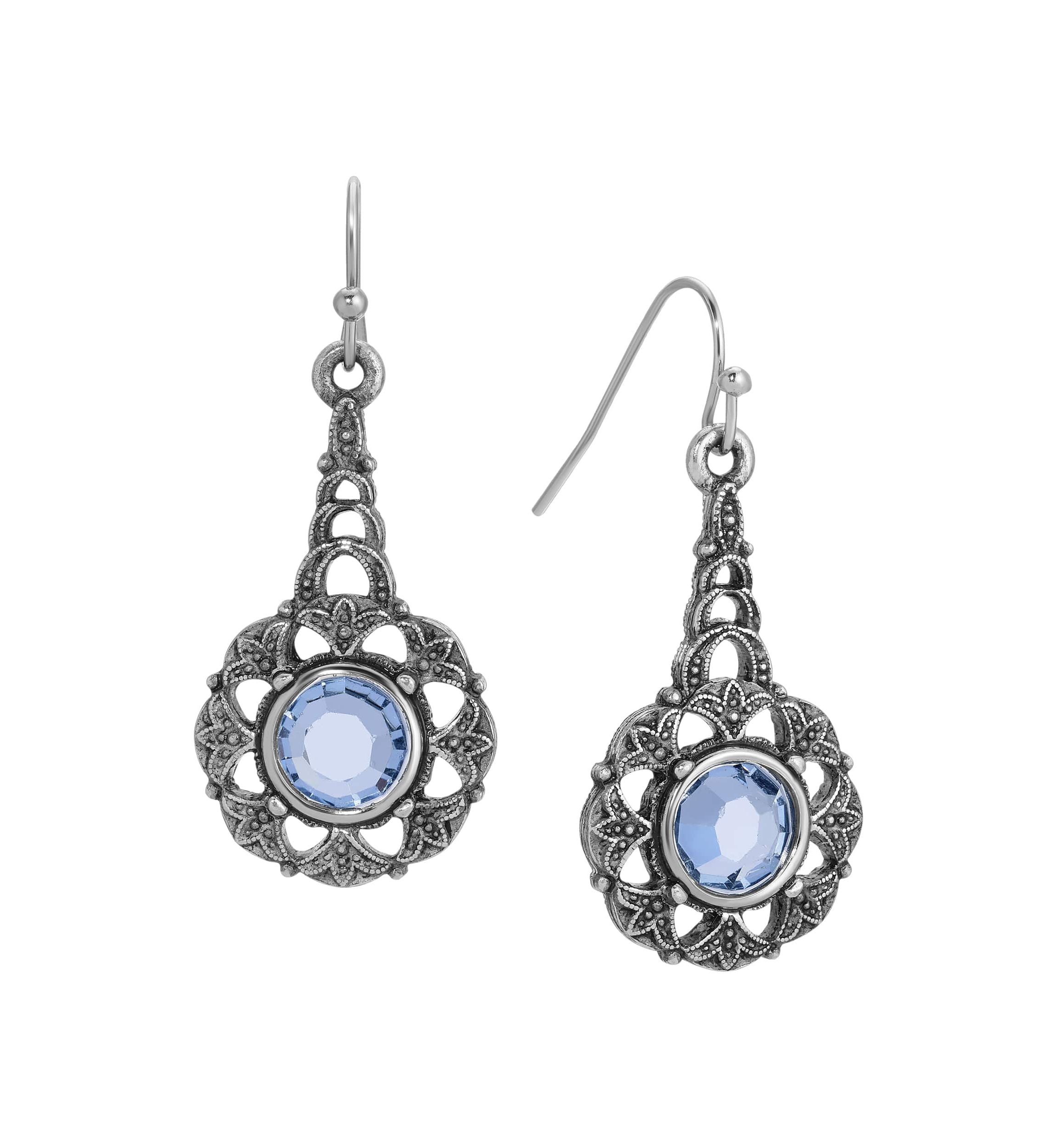 Pewter/Silver Tone Lt Sapphire Crystal Drop Wire Earrings