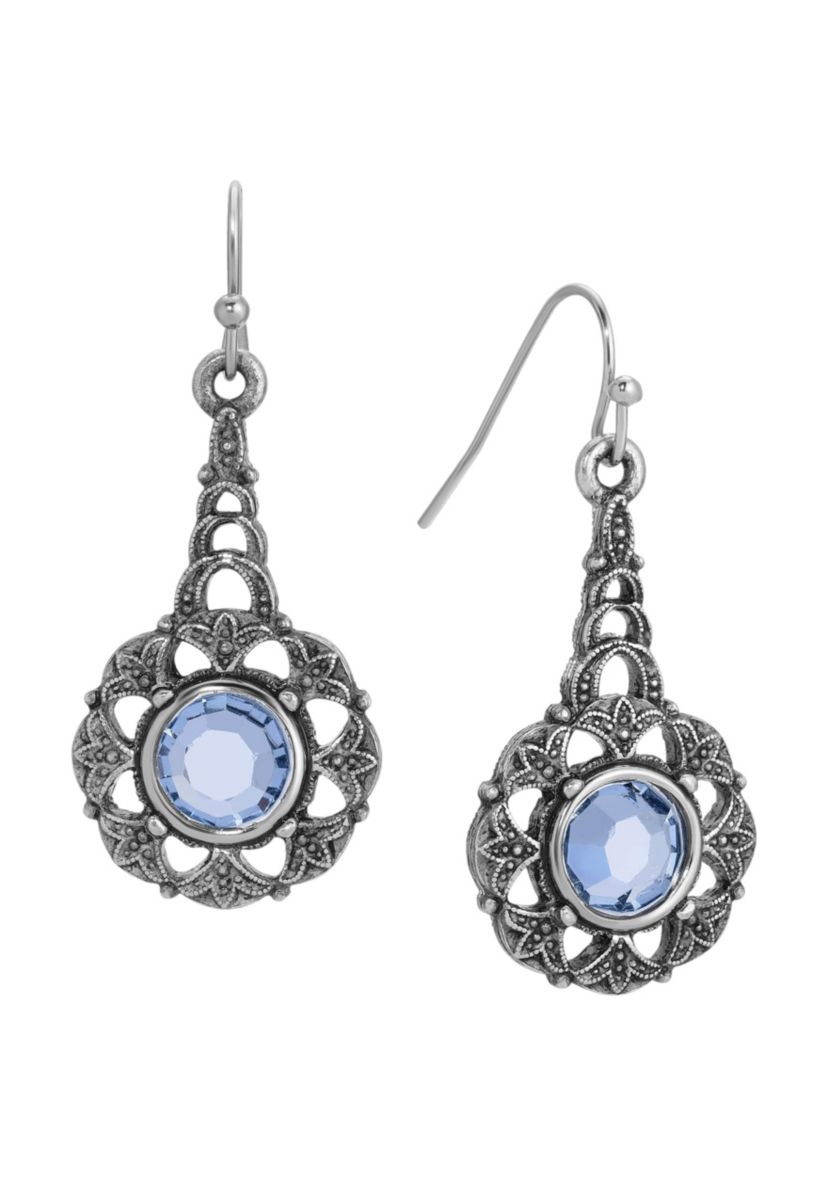 Pewter/Silver Tone Lt Sapphire Crystal Drop Wire Earrings
