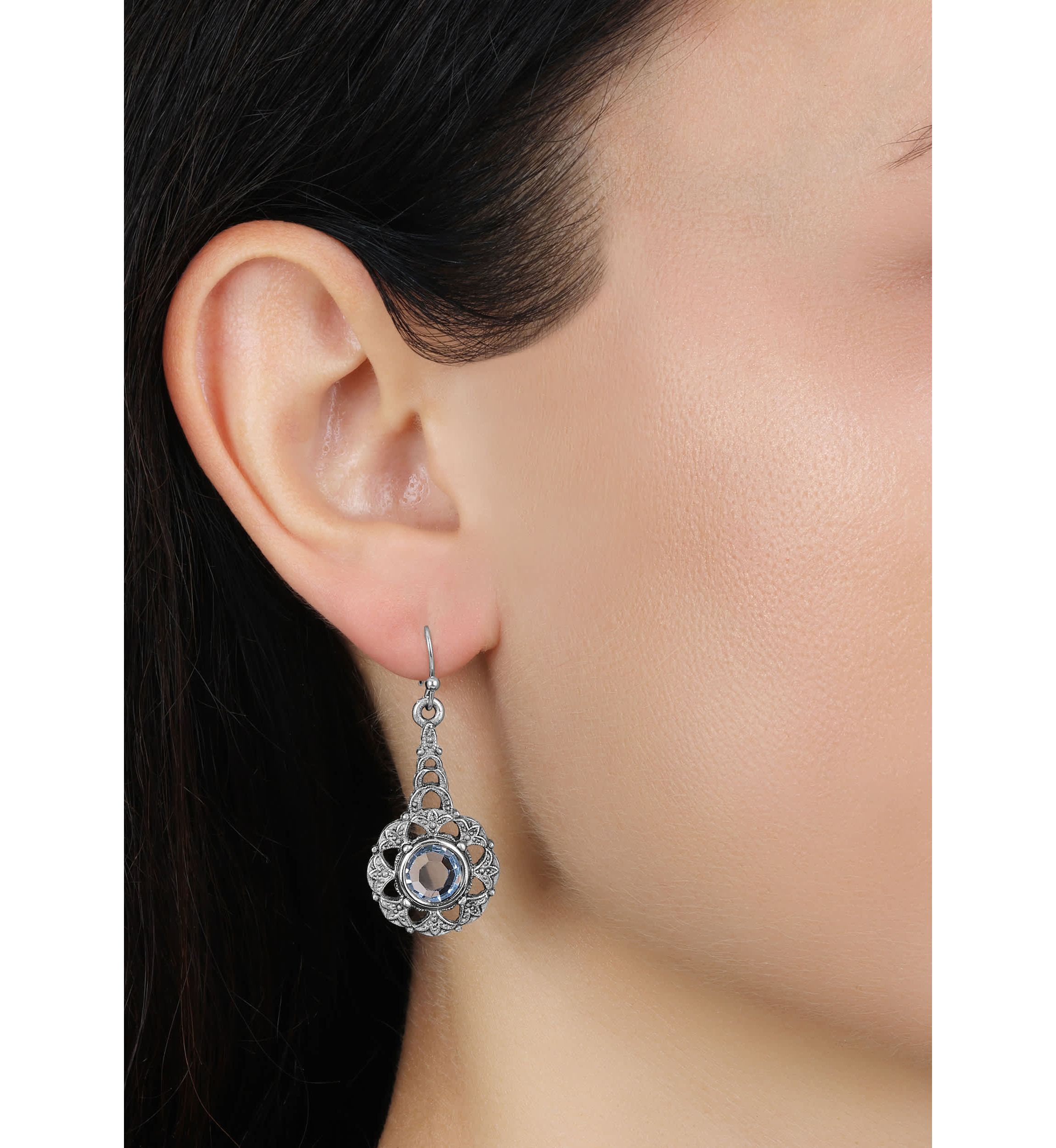 Pewter/Silver Tone Lt Sapphire Crystal Drop Wire Earrings