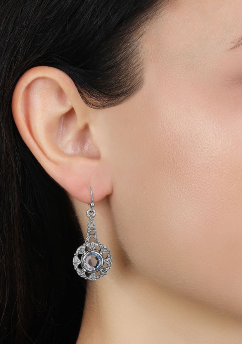 Pewter/Silver Tone Lt Sapphire Crystal Drop Wire Earrings