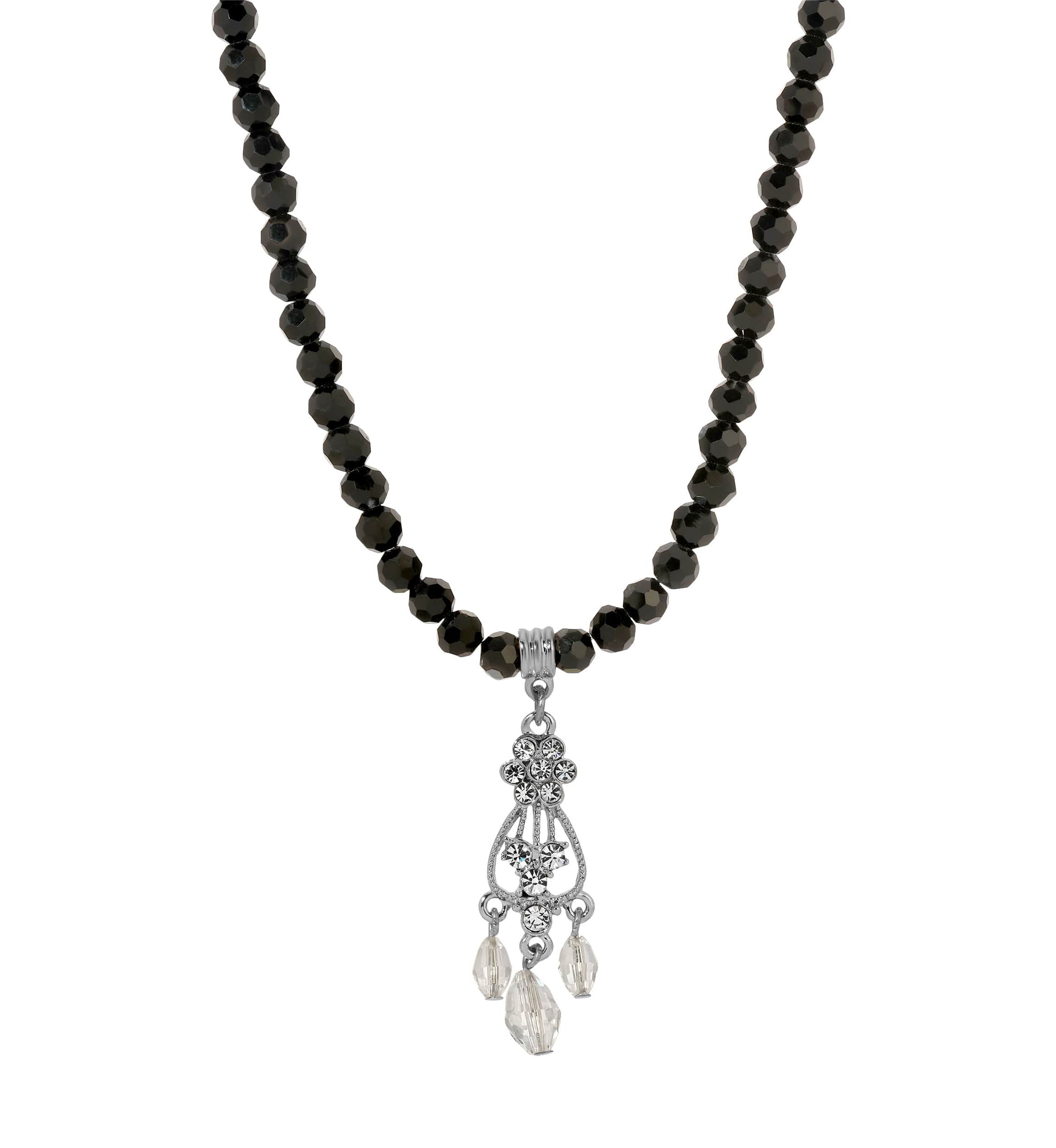 Black Bead Crystal Pendant 16" Adj.