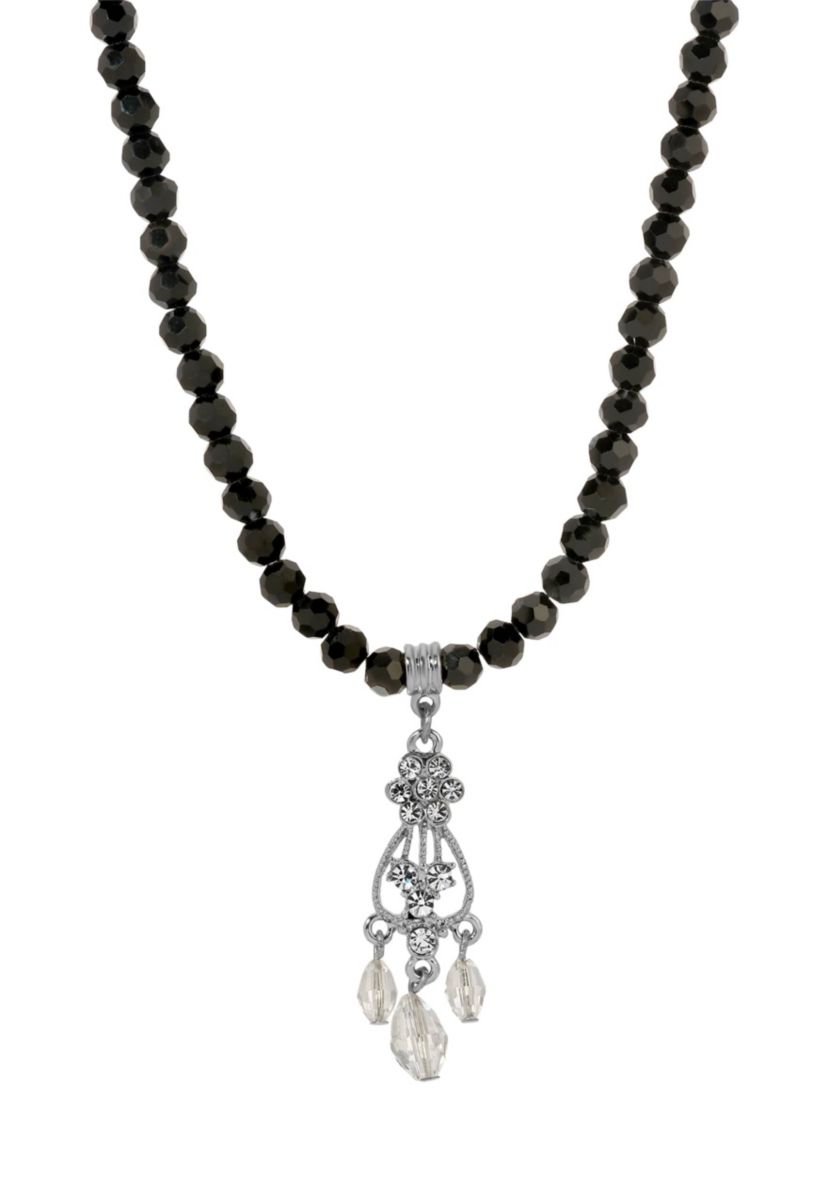 Black Bead Crystal Pendant 16" Adj.