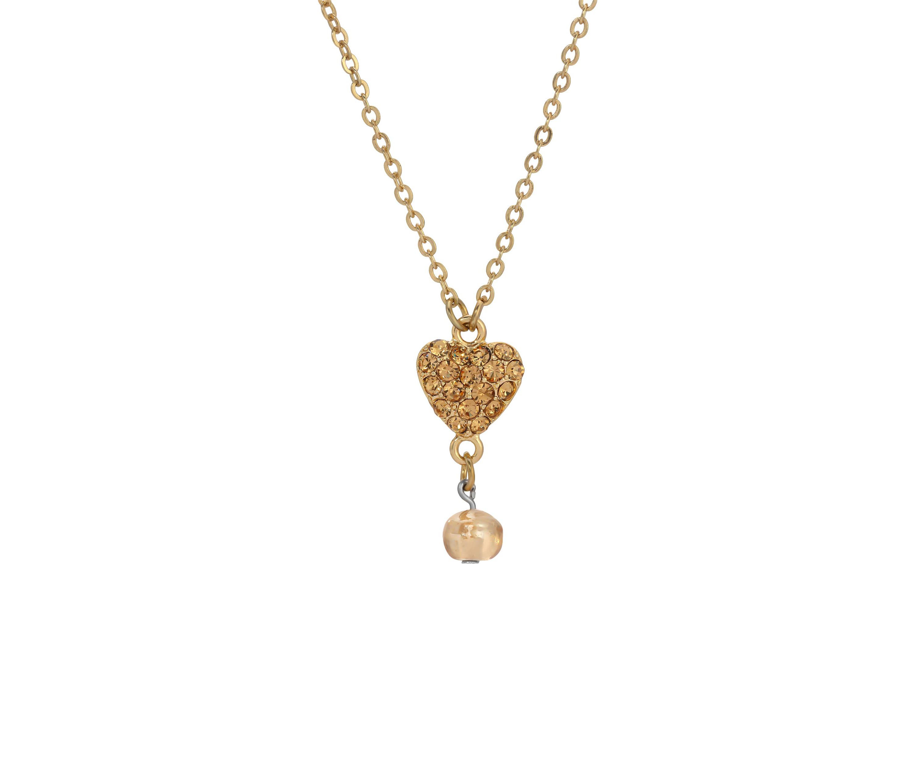 Gold Tone Heart Bead Drop Necklace 16" A