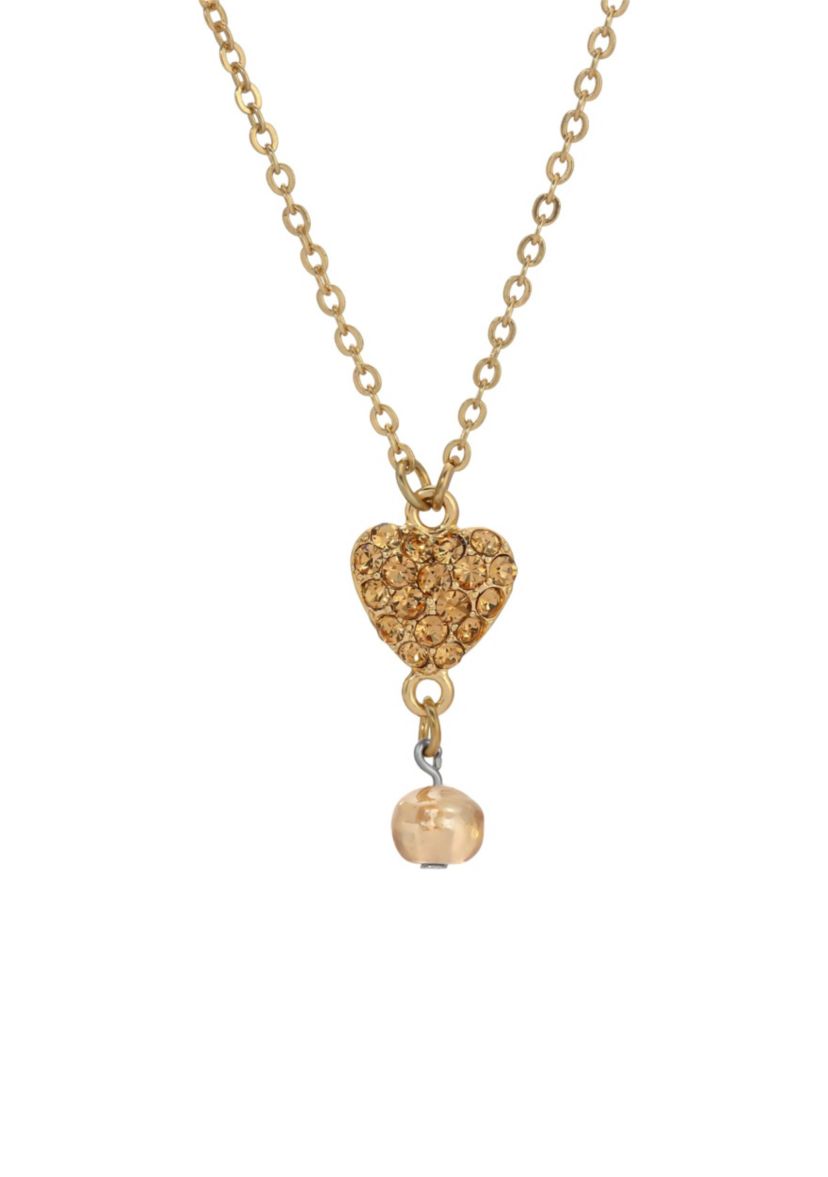 Gold Tone Heart Bead Drop Necklace 16" A