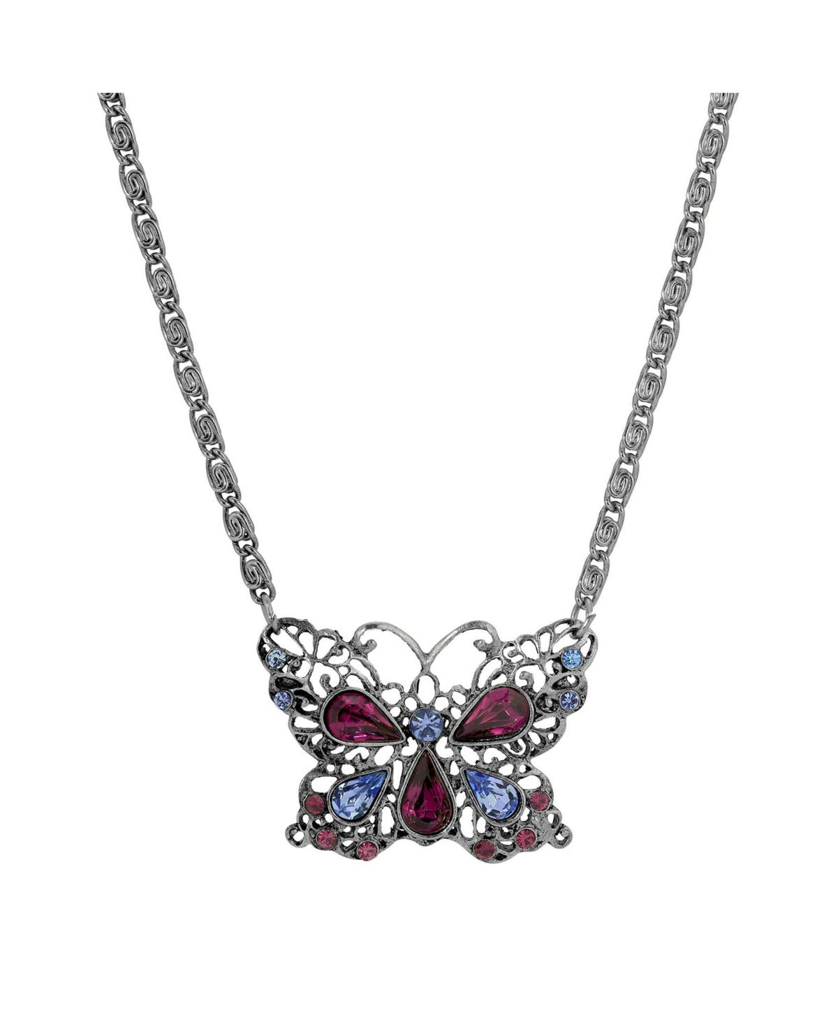 Silver Tone Purple Stones Butterfly Necklace 16" Adj.
