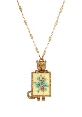 1928 Jewelry 14k Gold Dipped Cat Flwr Decal Necklace