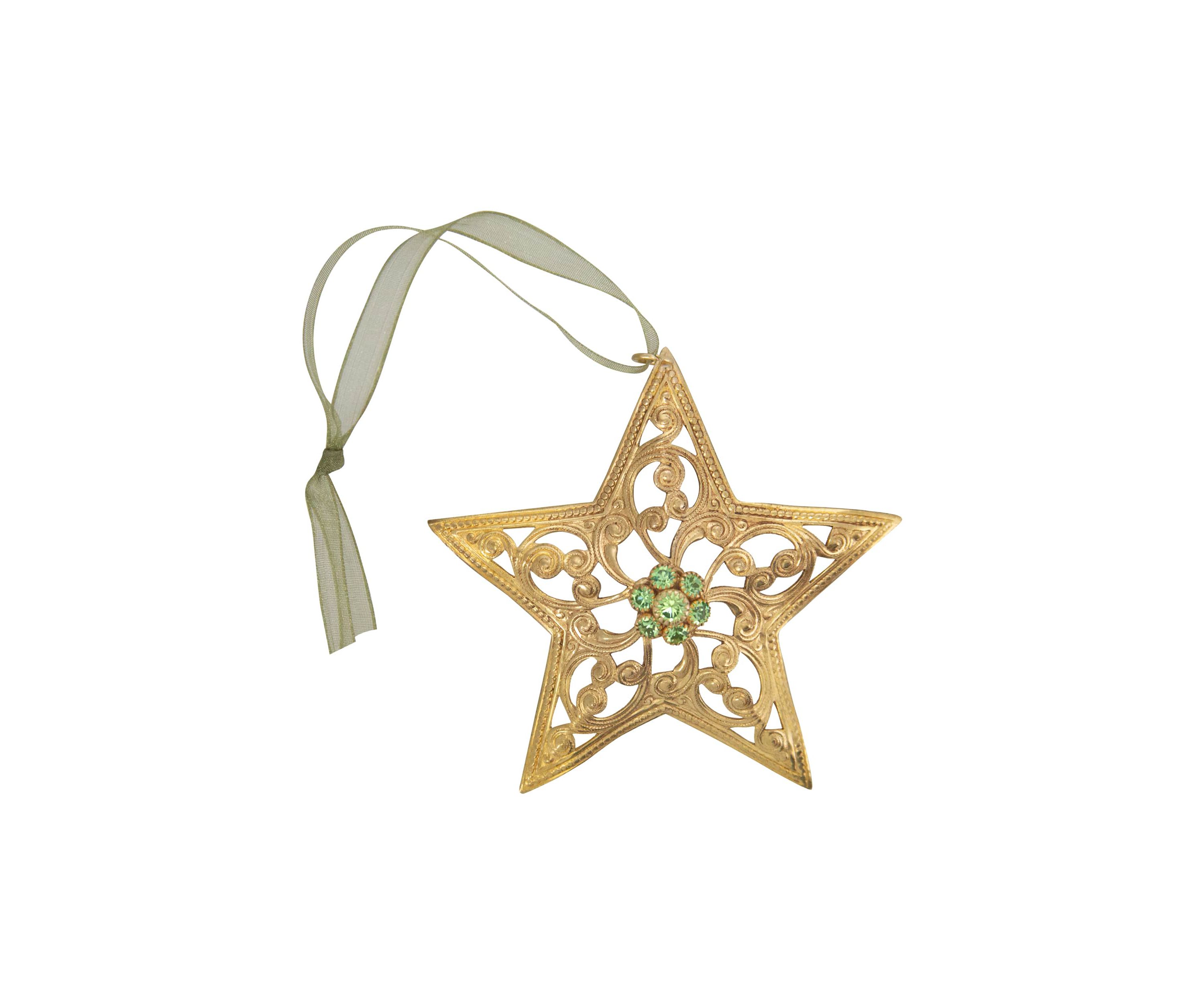 Gold Tone Star Green Crystal Christmas Tree Ornament