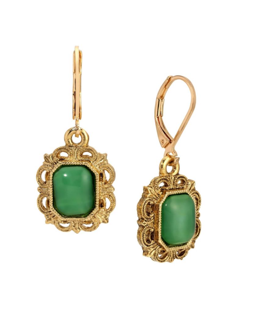 Gold Tone Rectangle Stone Leverback Earrings