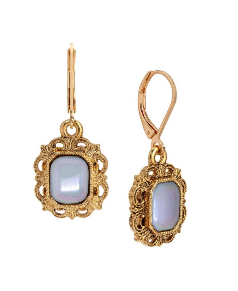 Gold Tone Rectangle Stone Leverback Earrings