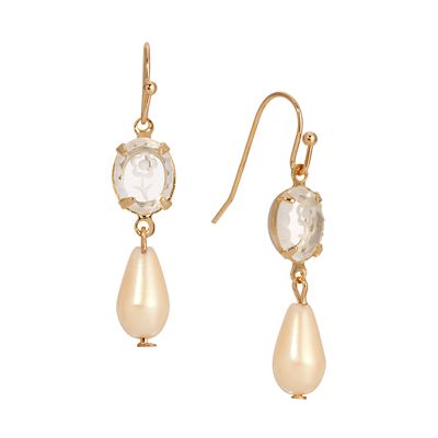 1928 Jewelry Flower Glass Stone With Faux Pearl Drop Earrings, Yellow