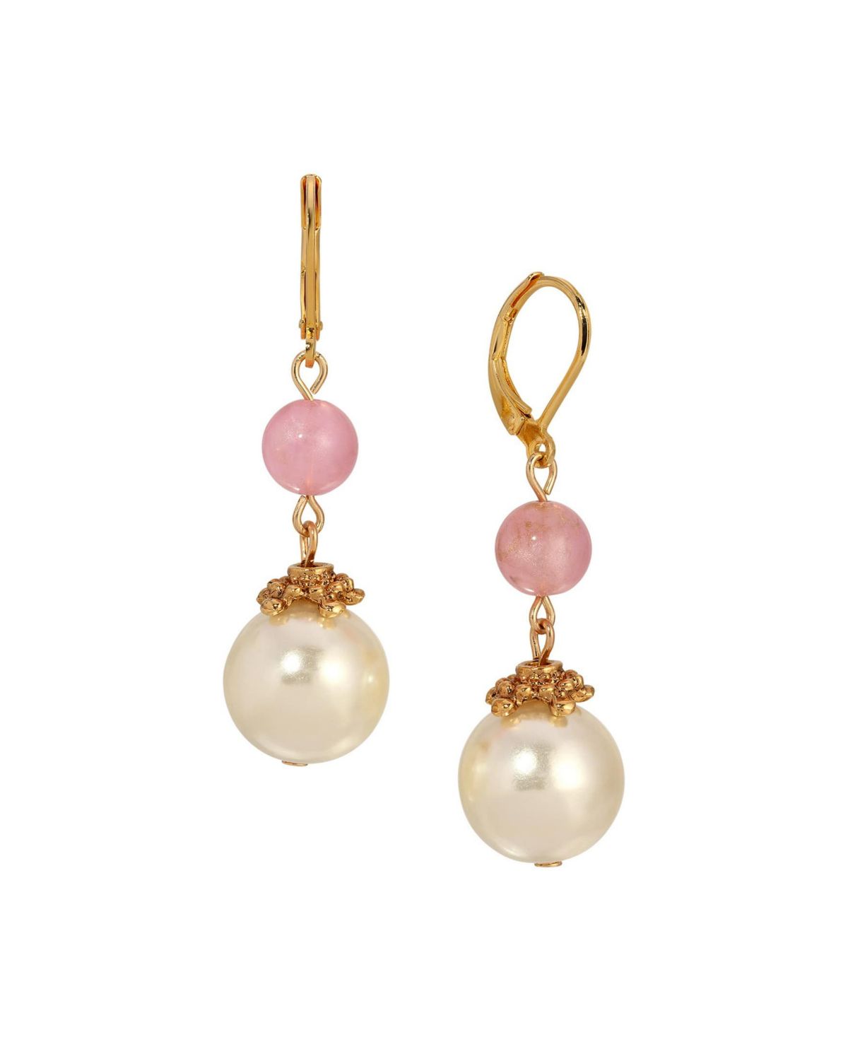 Gold Tone Pink Faux Pearl Bead Drop Earring