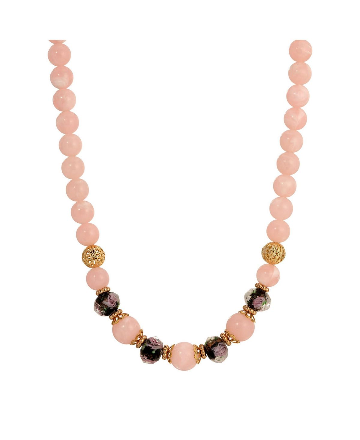 Gold Tone Rose Quartz Multi Color Bead Necklace 15" Adj.