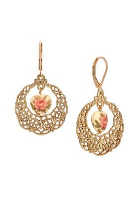 1928 Jewelry Gold Tone Filigree Floral Heart Drop Earring, Pink