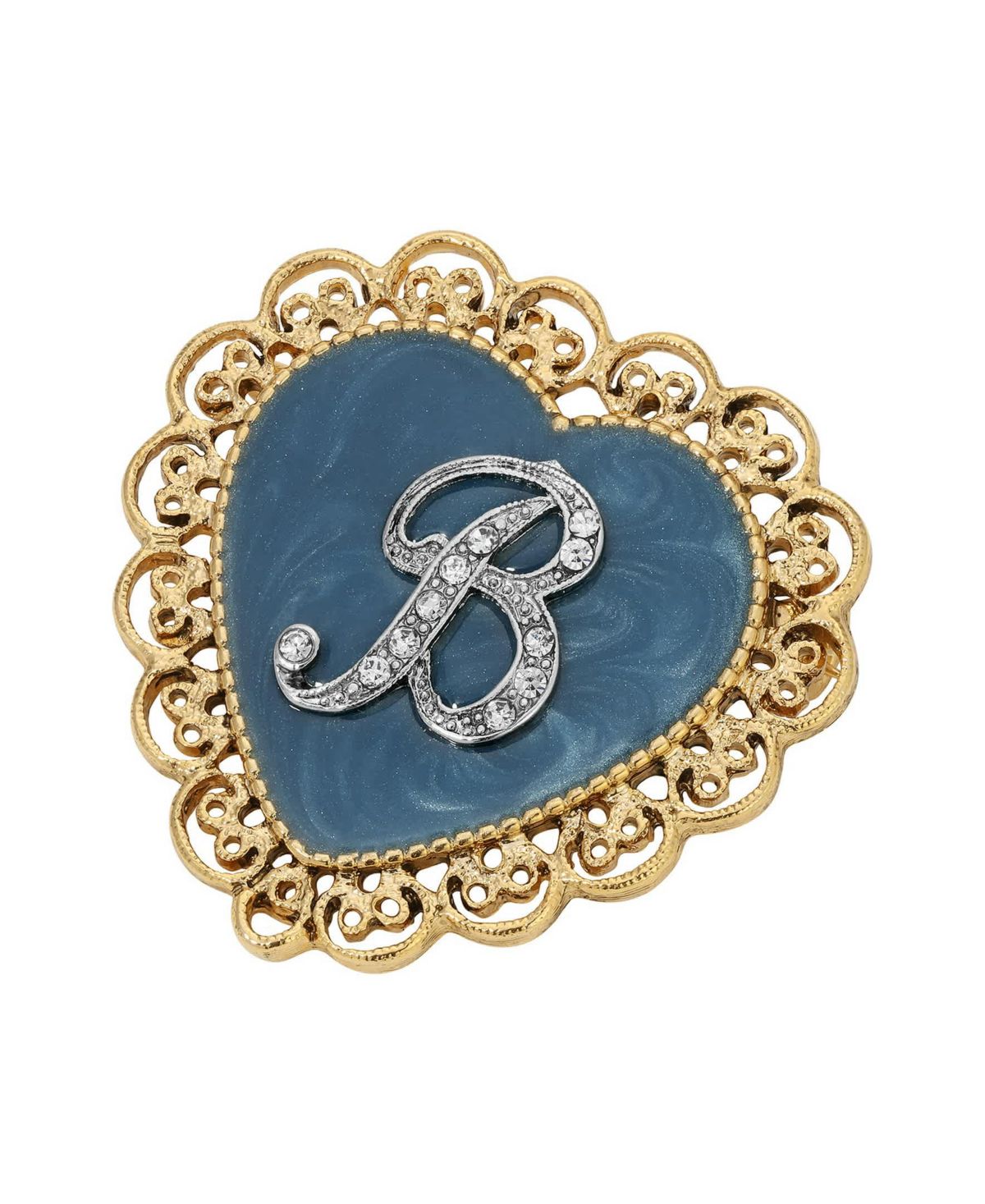 Gold Tone Initial Filigree Heart Blue Enamel Pin