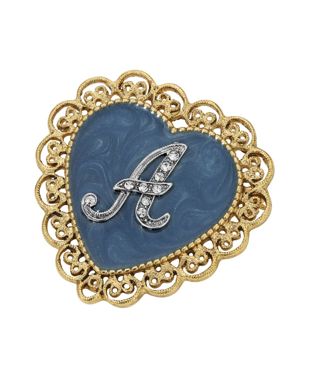 Gold Tone Initial Filigree Heart Blue Enamel Pin