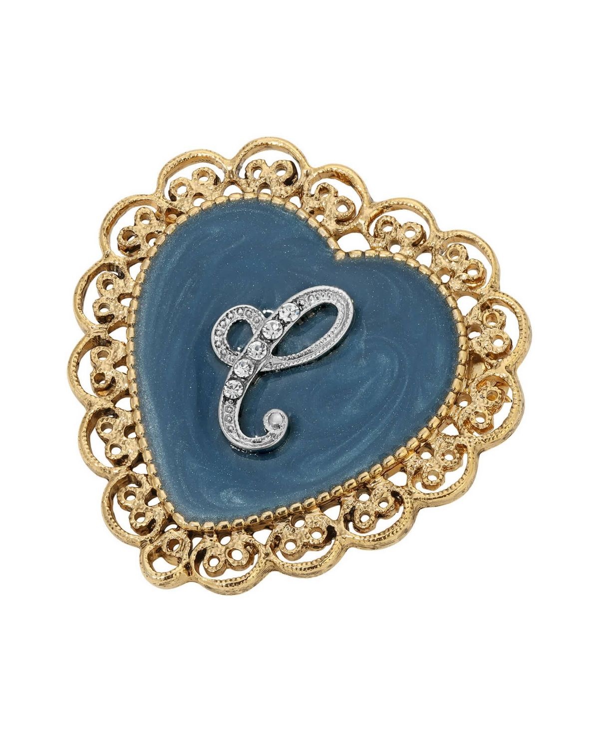 Gold Tone Initial Filigree Heart Blue Enamel Pin