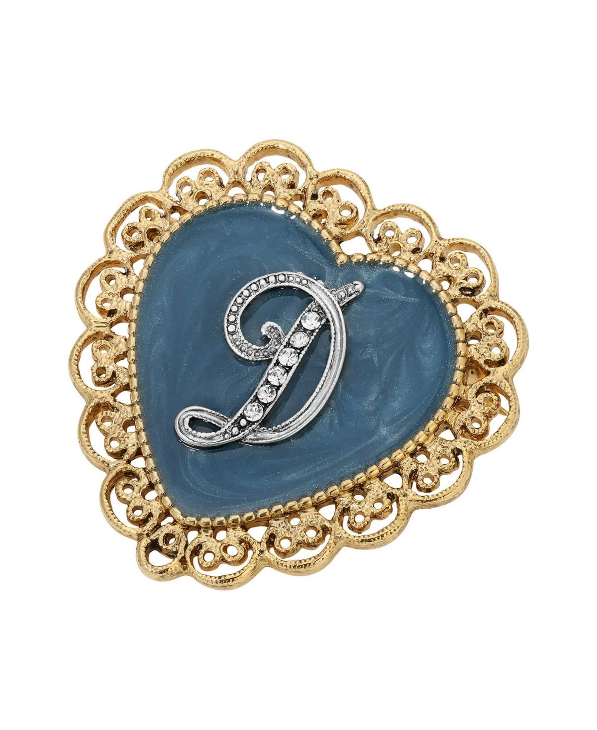 Gold Tone Initial Filigree Heart Blue Enamel Pin