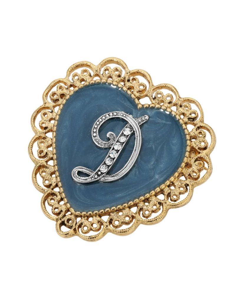 Gold Tone Initial Filigree Heart Blue Enamel Pin