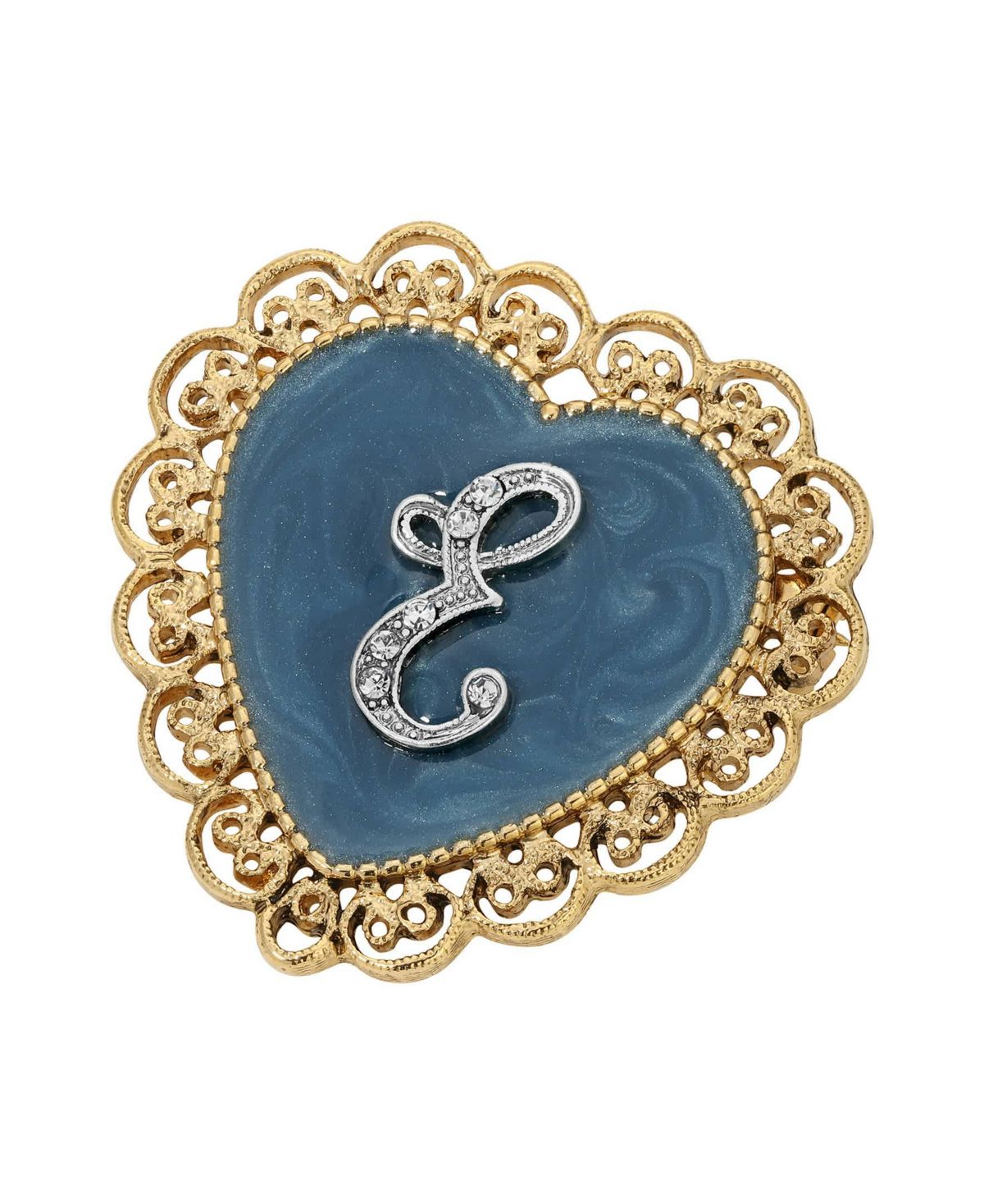 Gold Tone Initial Filigree Heart Blue Enamel Pin