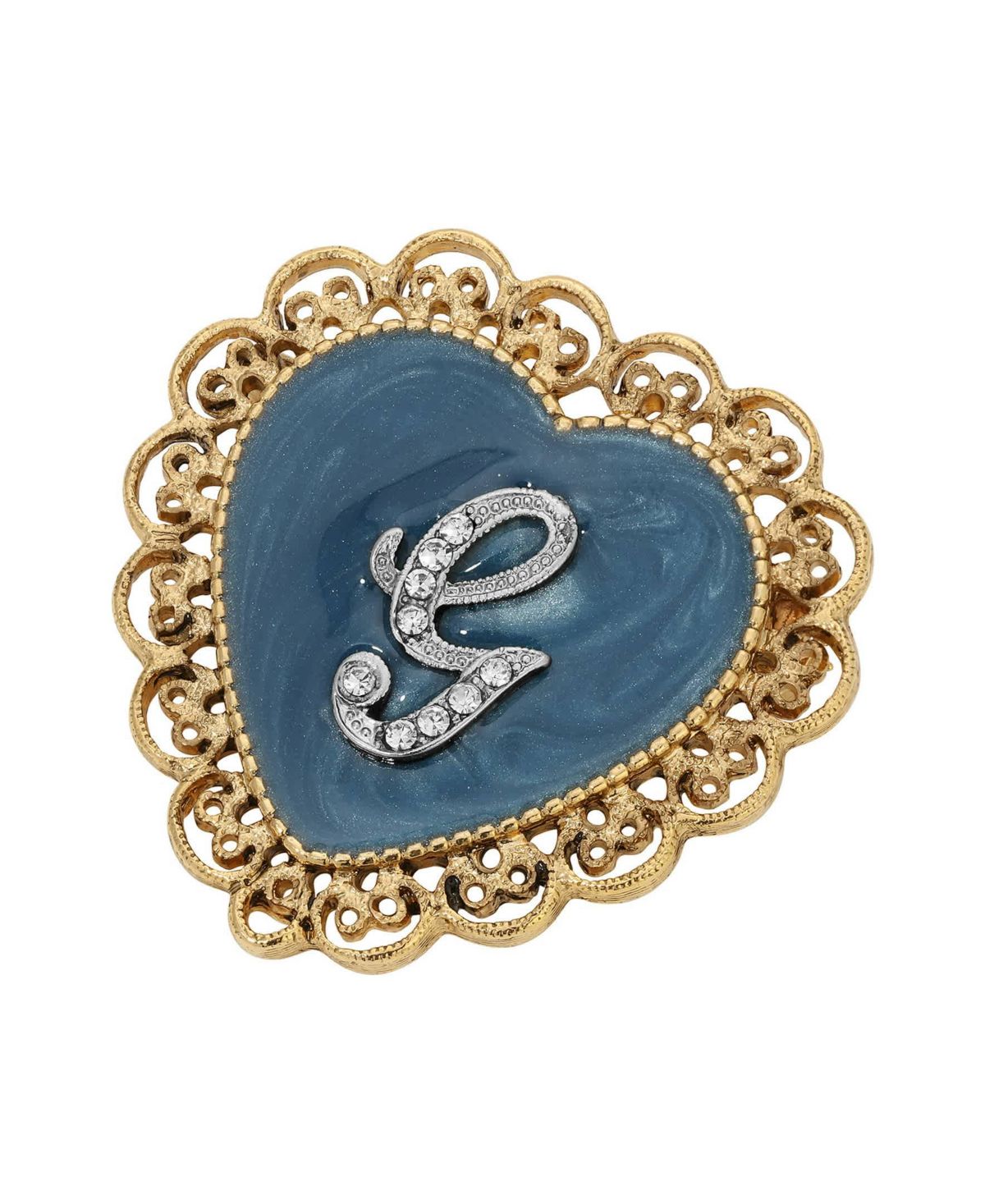 Gold Tone Initial Filigree Heart Blue Enamel Pin