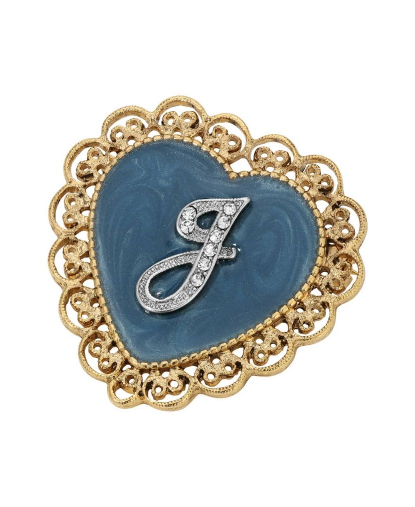 Gold Tone Initial Filigree Heart Blue Enamel Pin