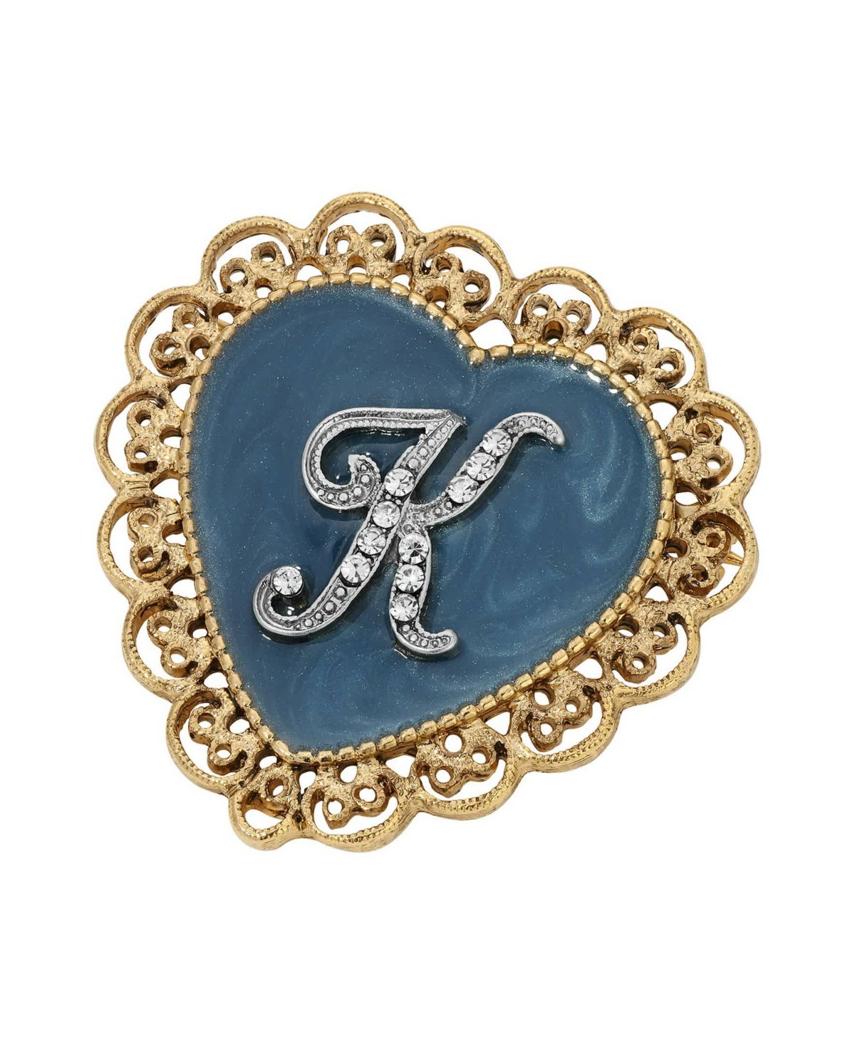 Gold Tone Initial Filigree Heart Blue Enamel Pin