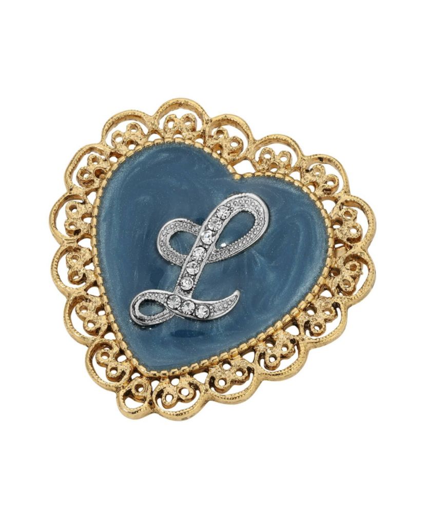 Gold Tone Initial Filigree Heart Blue Enamel Pin