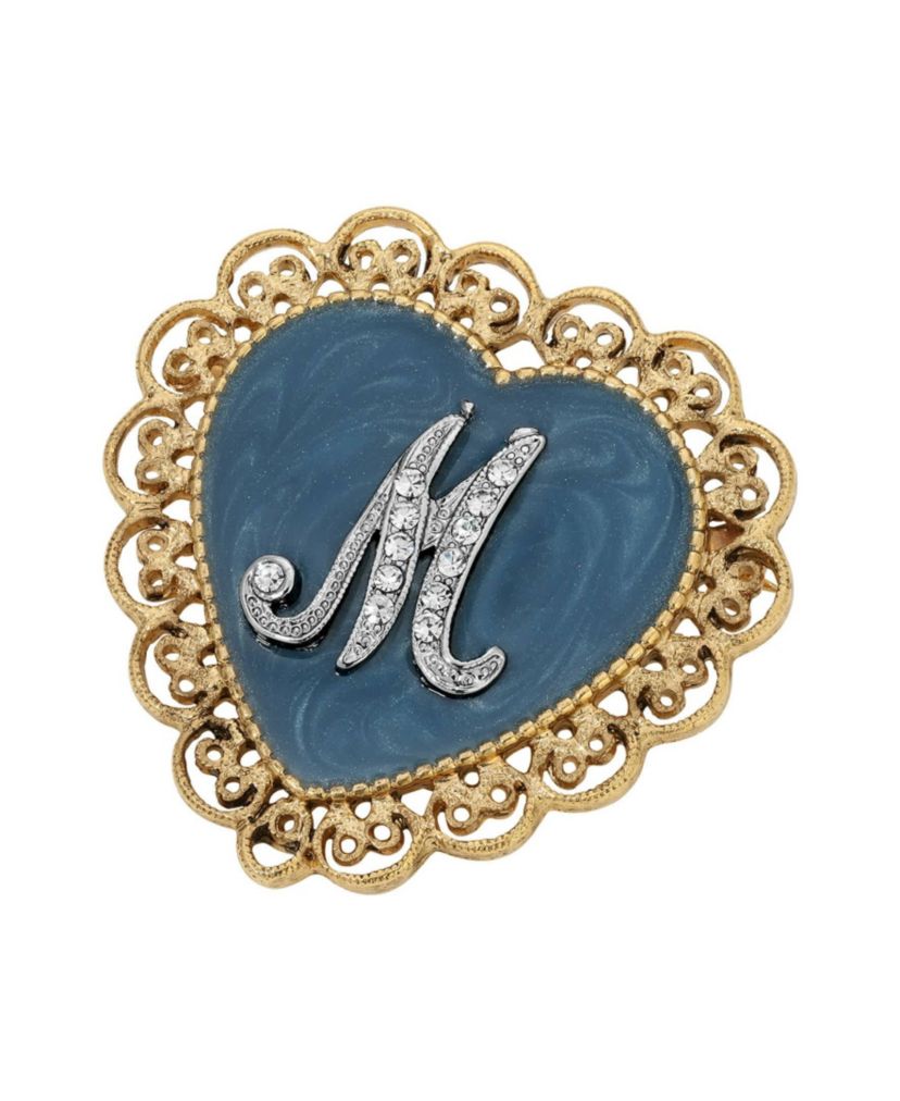 Gold Tone Initial Filigree Heart Blue Enamel Pin