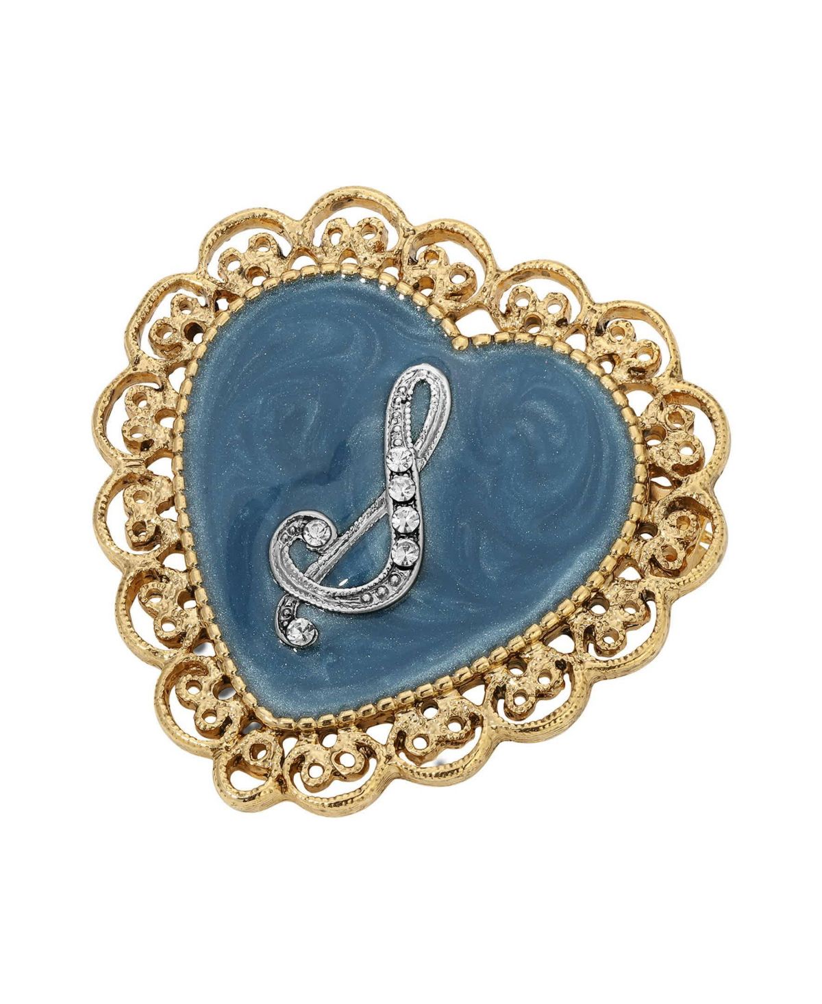 Gold Tone Initial Filigree Heart Blue Enamel Pin